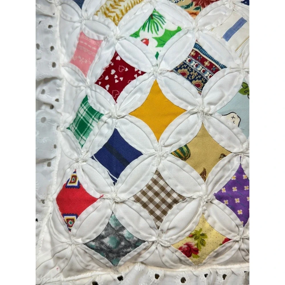 Vtg Handmade Cathedral Window Quilt Pillow 12x12 Double Side Eyelet trim grandma